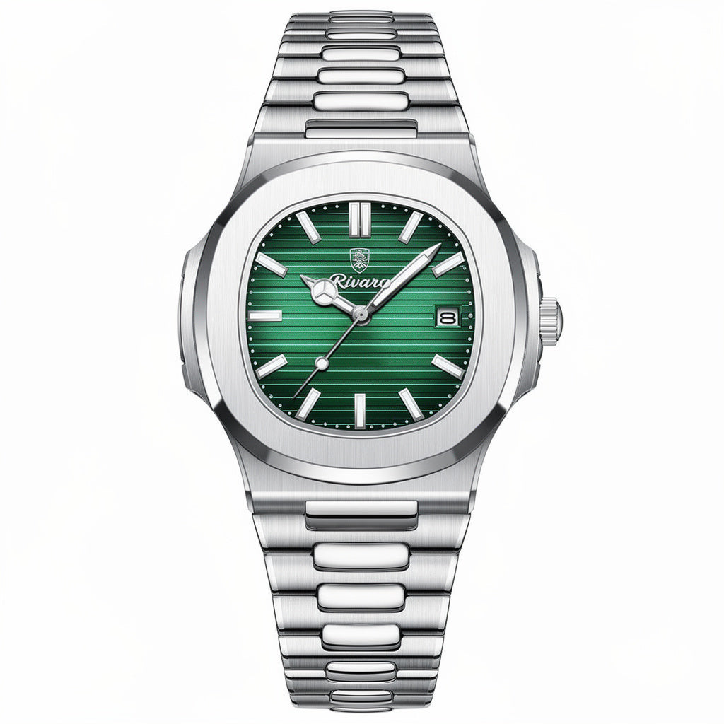 שעון ספורט אלגנטי עם רצועת מתכת - חיוג ירוק